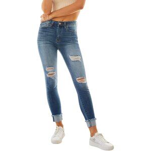 Women's High Rise Distressed Cuffed Ankle Skinny Jeans Medium Wash 28
